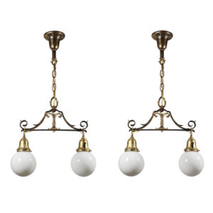 Matching Antique Iron & Brass Two-Light Chandeliers, c.1920