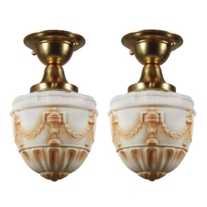 Antique Neoclassical Flush Mount Light Fixtures with Painted Shades, Early 1900’s