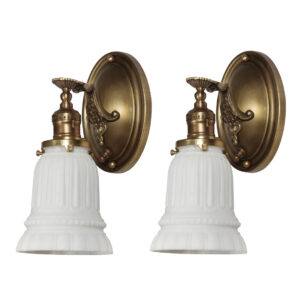 Antique Pair of Brass Sconces with Glass Shades, c. 1920