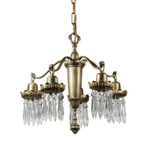 Antique Brass Chandelier with Prisms, Neoclassical Lighting