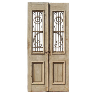 Pair of Reclaimed 44” French Colonial Doors with Iron Inserts, Antique Doors