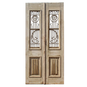 Pair of Antique 44” French Colonial Doors with Iron Inserts