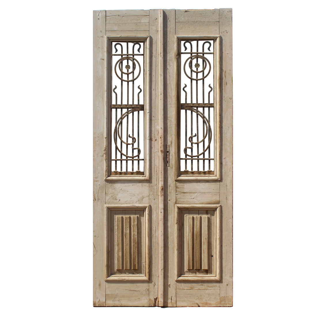 Pair of Antique 44” French Colonial Doors with Iron Inserts