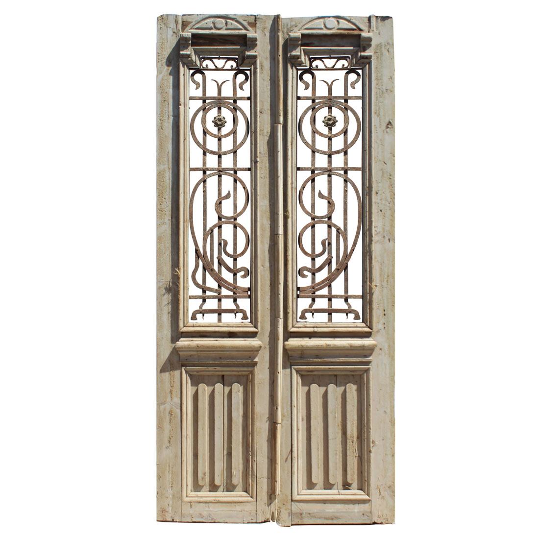 Antique Pair of 41” French Colonial Doors with Iron Inserts, Late 1800’s