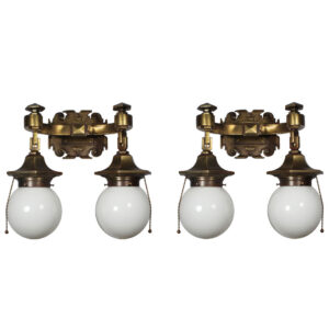 Pair of Cast Bronze Sconces with Glass Shades, Antique Lighting