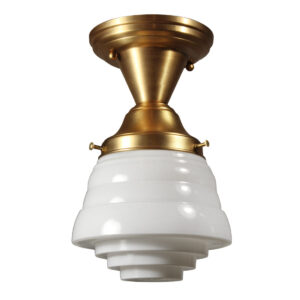 Antique Brass Flush Mount Light with Glass Shade, Early 1900’s