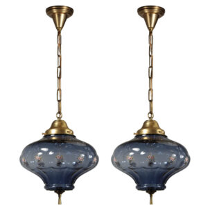 Vintage New Old Stock Pendant Lights with Blue Glass Shades