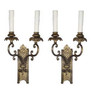 Pair of Antique Cast Brass Double Arm Sconces by E. F. Caldwell, Grapes