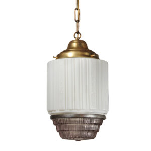 Antique Brass Art Deco Skyscraper Pendant Light with Two-Part Prismatic Shade