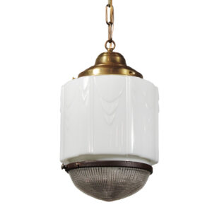 Antique Brass Art Deco Skyscraper Pendant Light with Two-Part Prismatic Shade, c. 1930
