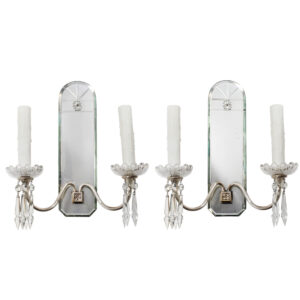 Pair of Antique Silver Plate Mirrored Sconces with Prisms, c. 1910