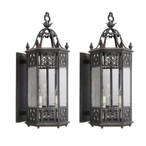 Substantial Pair of Antique Cast Iron Exterior Sconces, Quatrefoils