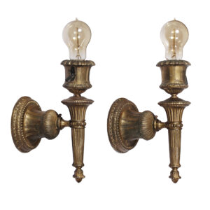 Pair of Bronze Torch Sconces with Exposed Bulbs, Antique Lighting