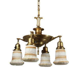 Antique Brass Four-Light Chandelier with Glass Shades, Early 1900’s