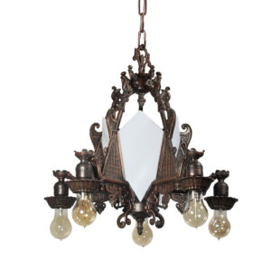Antique Cast Bronze Exposed Bulb Chandelier with Glass Panels, c. 1930’s