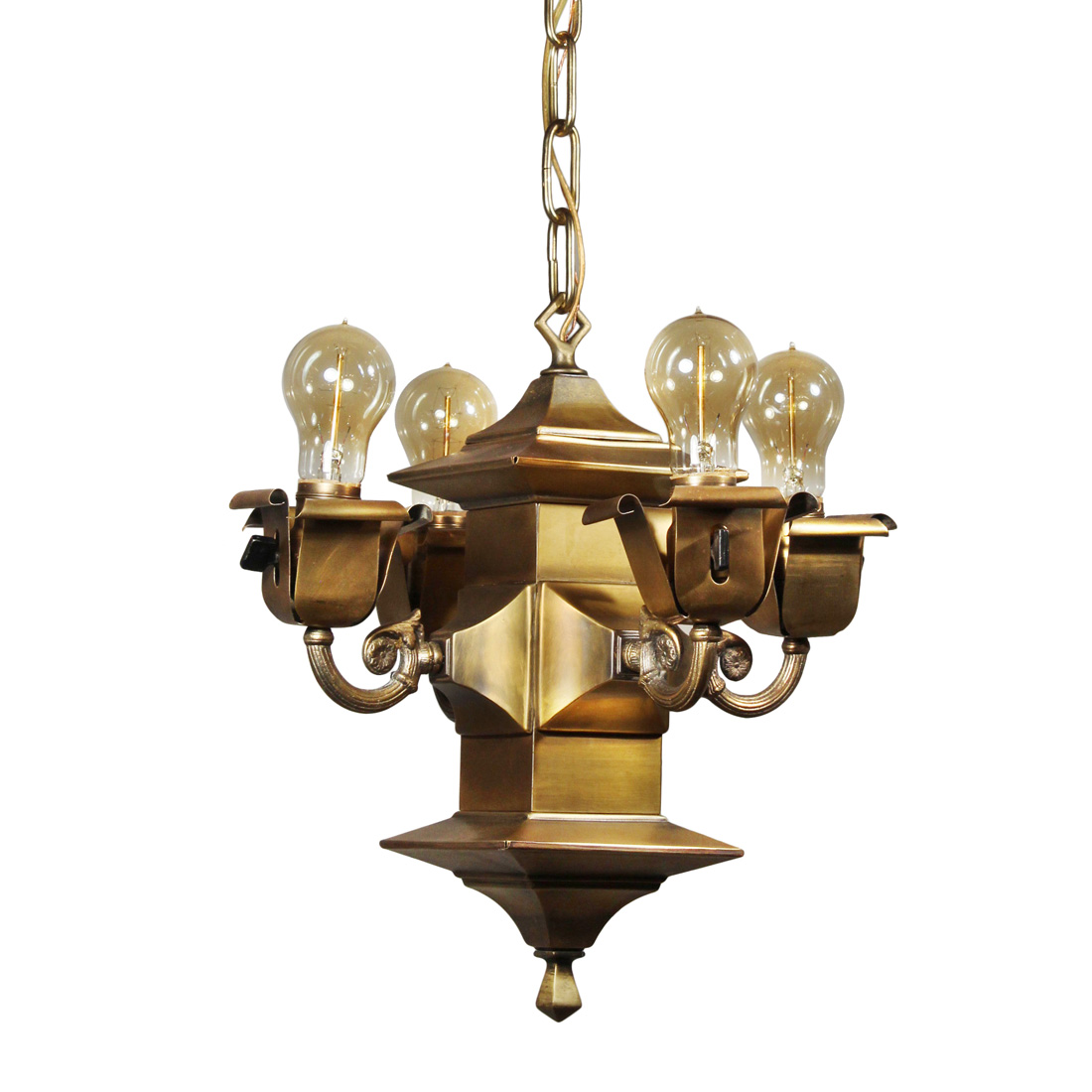 Brass Four-Light Exposed Bulb Chandelier, Antique Lighting