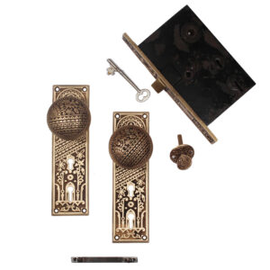 Antique Eastlake Cast Bronze Door Hardware Set by Trenton with Key, c. 1887