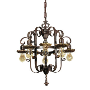 Antique Exposed Bulb Two-Tone Chandelier, Iron & Brass
