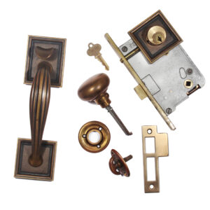 Complete Antique Bronze Exterior Lock Set with Thumb Latch & Key, Corbin