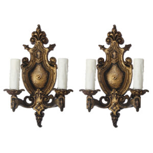 Matching Pairs of Antique Cast Iron Double-Arm Sconces, L.R. Wellman