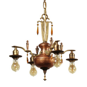 Antique Exposed Bulb Two-Tone Chandelier with Prisms, Copper & Brass