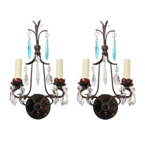 Pair of Antique Cast Iron Sconces with Prisms, Early 1900’s