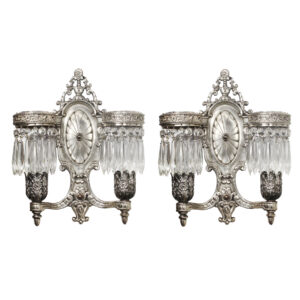 Neoclassical Pair of Antique Silver Plated Sconces with Prisms