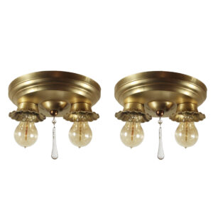 Matching Antique Brass Two-Light Flush Mount Fixtures, Early 1900’s