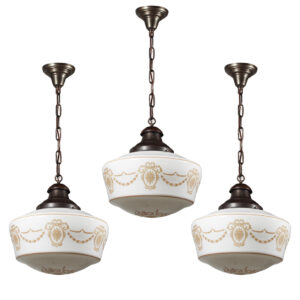 Matching Antique Pendant Light Fixtures with Original Glass Shades, Neoclassical Lighting