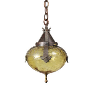 Antique Tudor Pendant Light with Crackle Glass, Fleur de Lis