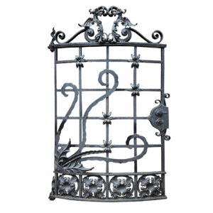 Hand-Forged 1930s Curved Iron Tower Gate With Heraldic Winged Griffins
