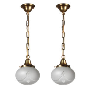Matching Petite Pendant Light Fixtures with Frosted Glass Shades, Antique Lighting