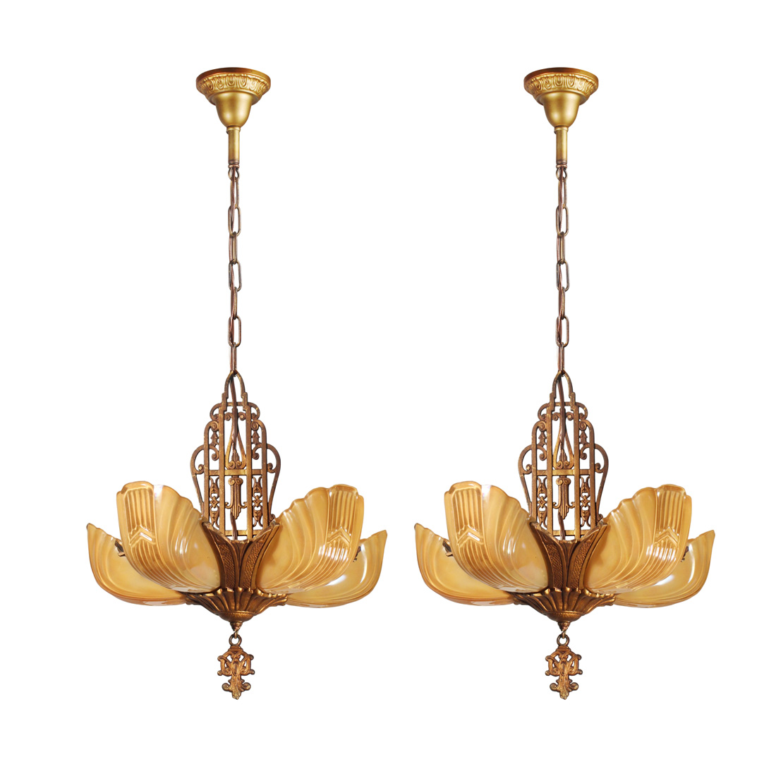 Matching Antique Art Deco Slip Shade Chandeliers by Markel, c. 1930