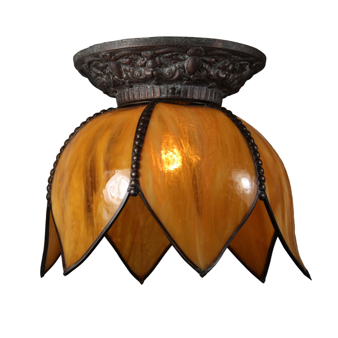 Antique Slag Glass Tulip Flush Mount Light, c. 1920