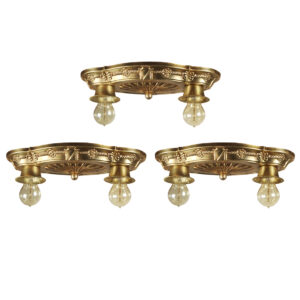 Matching Antique Brass Flush Mount Fixtures with Exposed Bulb, c. 1920