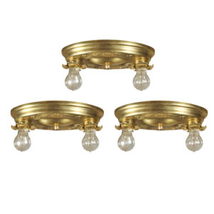Matching Antique Neoclassical Brass Flush Mount Fixtures with Exposed Bulb, Early 1900’s