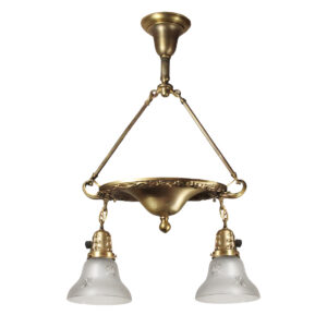 Antique Brass Two Light Chandelier with Glass Shades, Early 1900’s