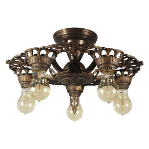 Antique Semi Flush-Mount Chandelier with Exposed Bulbs, c. 1930