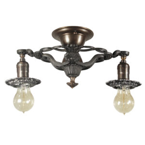 Antique Two-Light Flush Mount Fixture with Exposed Bulbs, c. 1930