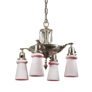Antique Silver Plate Chandelier with Pink Glass Shades