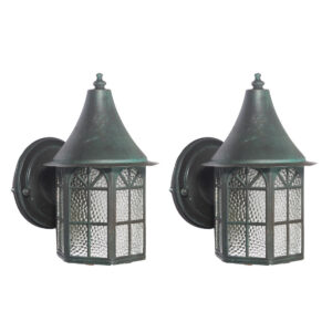 Matching Pairs of Antique Copper Wall-Mount Lantern Sconces, Verdigris