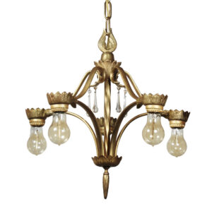 Antique Brass Exposed Bulb Chandelier with Prisms, Early 1900’s