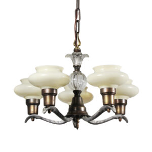 Art Deco Chandelier with Original Sit-In Shades, Antique Lighting