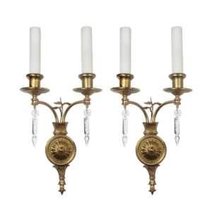 Antique Brass Double-Arm Sconce Pair with Prisms, c. 1910