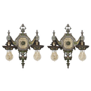 Pair of Antique Two-Arm Exposed Bulb Sconces, Polychrome