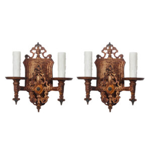 Antique Cast Iron Spanish Revival Double-Arm Sconces by Markel, Polychrome