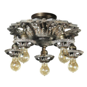 Antique Five-Light Flush Mount Chandelier with Exposed Bulbs by ISCO