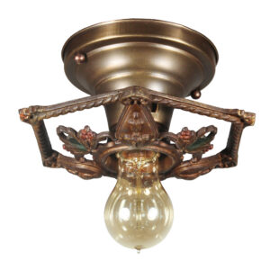 Antique Cast Iron Flush-Mount Light with Exposed Bulb, Polychrome