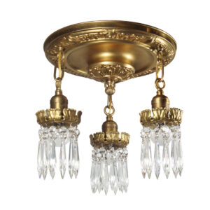 Antique Semi-Flush Three Light Chandelier with Prisms, Early 1900’s