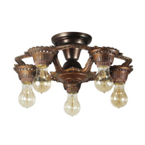 Antique Cast Iron Flush-Mount Chandelier with Exposed Bulbs, Polychrome